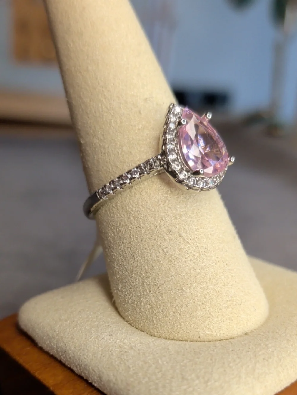 Halo Pink Pear-Cut Crystal Ring With WG